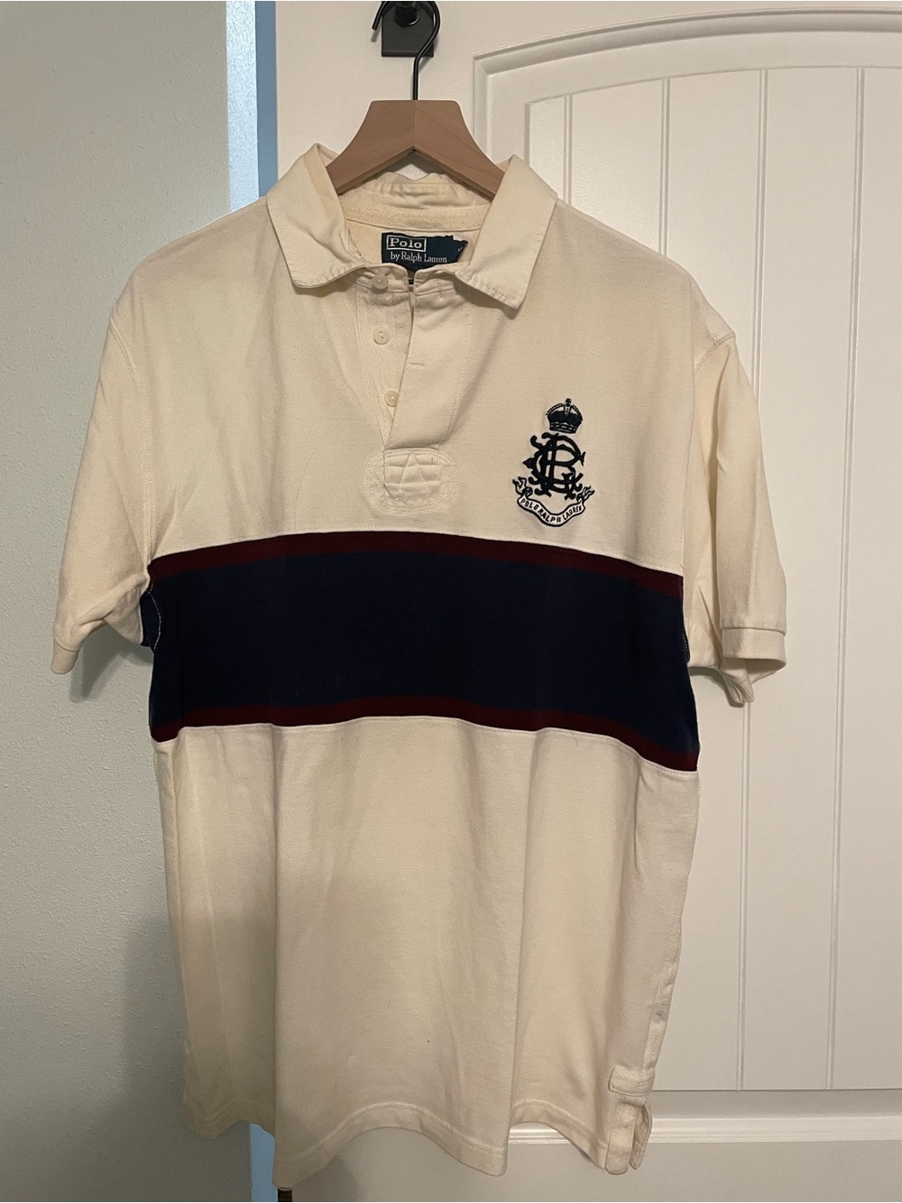 Ralph Lauren Cream Polo with Navy and Burgundy Chest Stripe
